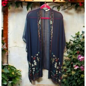HAZEL Navy Blue Beaded Kimono – Birds & Floral Design, Size L, Formal Cover-Up